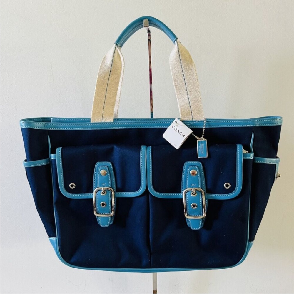 COACH Navy Sky Blue CanvasTwill & Leather Garden Tote Bag